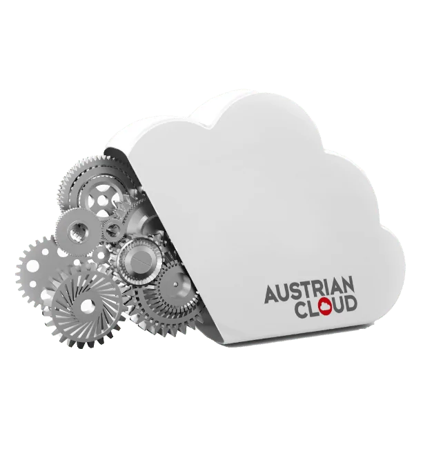 Wolke mit Zahnrädern und "Austrian Cloud" Schriftzug.